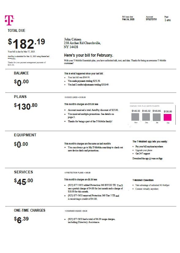 USA T mobile utility bill template in Word and PDF formats, version 4